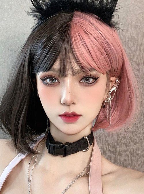 Cyberpunk Style Black Brown Coral Powder Double Fight Short Straight Hair Qi Bangs Classic Lolita Wig