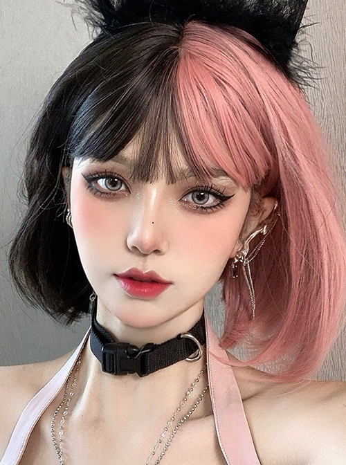 Cyberpunk Style Black Brown Coral Powder Double Fight Short Straight Hair Qi Bangs Classic Lolita Wig