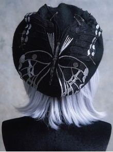 Black Autumn Winter Warm Butterfly Embroidery Metal Pin Decoration Gothic Lolita Berets