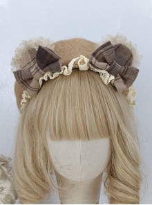 Preppy Style Japanese Girl Bear Ears Plaid Bowknot Lace Decoration Classic Lolita Berets