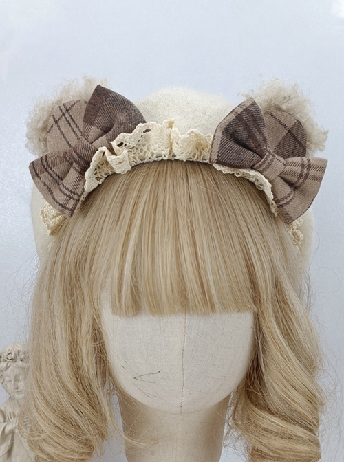 Preppy Style Japanese Girl Bear Ears Plaid Bowknot Lace Decoration Classic Lolita Berets