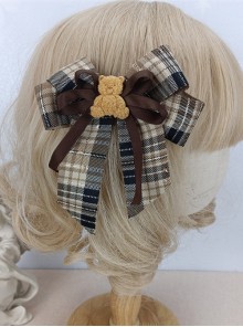Brown Plaid Bowknot Plush Bear College Style Girly Classic Lolita Hair Clip