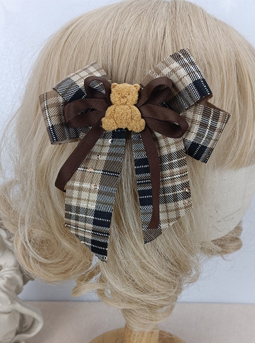 Brown Plaid Bowknot Plush Bear College Style Girly Classic Lolita Hair Clip