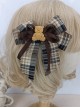 Brown Plaid Bowknot Plush Bear College Style Girly Classic Lolita Hair Clip