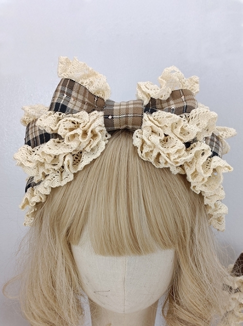 Brown Plaid Lace Decoration Princess Style Handmade Oversized Bow Sweet Lolita Headband