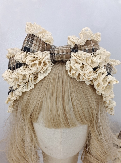 Brown Plaid Lace Decoration Princess Style Handmade Oversized Bow Sweet Lolita Headband