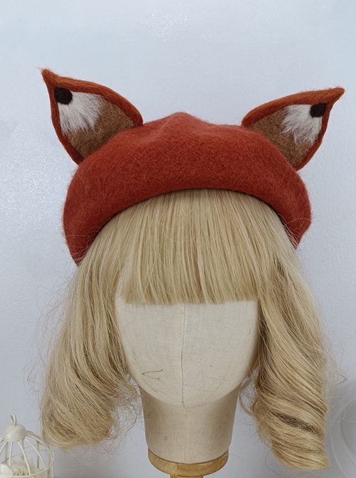 Mori Girl Series Autumn Winter Red Brown Cartoon Fox Ears Domes Sweet Lolita Beret