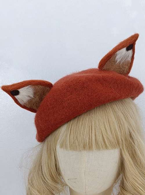 Mori Girl Series Autumn Winter Red Brown Cartoon Fox Ears Domes Sweet Lolita Beret