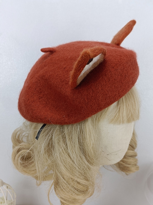 Mori Girl Series Autumn Winter Red Brown Cartoon Fox Ears Domes Sweet Lolita Beret