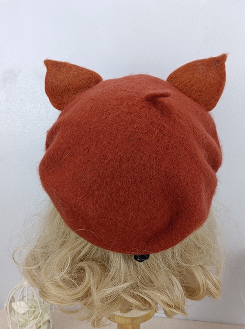 Mori Girl Series Autumn Winter Red Brown Cartoon Fox Ears Domes Sweet Lolita Beret