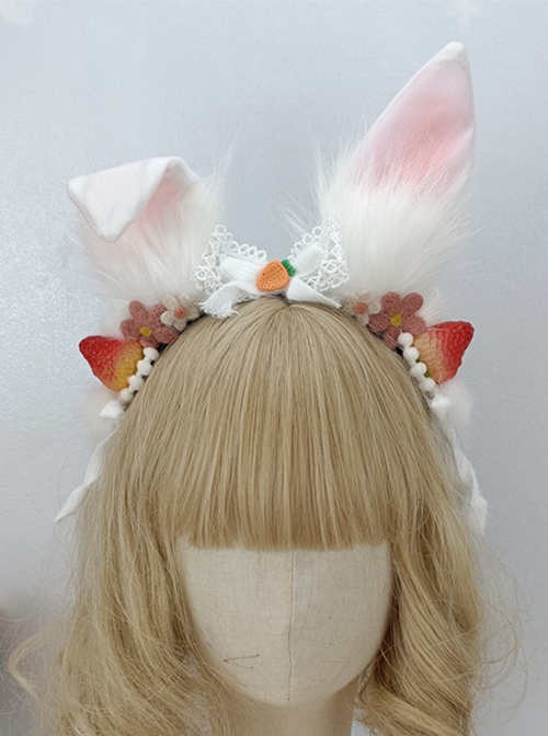 Year Of The Rabbit Cute Plush Rabbit Ears Strawberry Flower Bow Decoration Sweet Lolita Headband