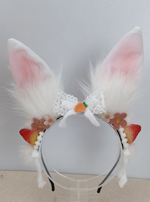 Year Of The Rabbit Cute Plush Rabbit Ears Strawberry Flower Bow Decoration Sweet Lolita Headband