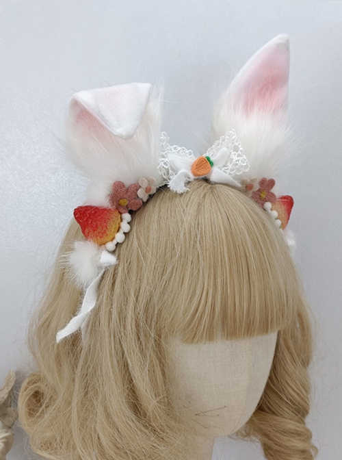 Year Of The Rabbit Cute Plush Rabbit Ears Strawberry Flower Bow Decoration Sweet Lolita Headband