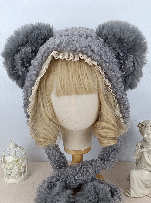 Solid Color Autumn Winter Warm Plush Bear Ears Lace Decoration Cute Ear Protection Sweet Lolita Hat