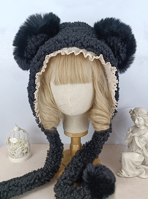 Solid Color Autumn Winter Warm Plush Bear Ears Lace Decoration Cute Ear Protection Sweet Lolita Hat