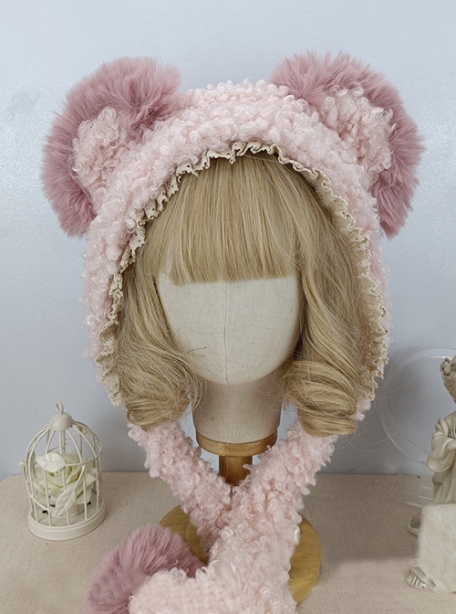 Solid Color Autumn Winter Warm Plush Bear Ears Lace Decoration Cute Ear Protection Sweet Lolita Hat