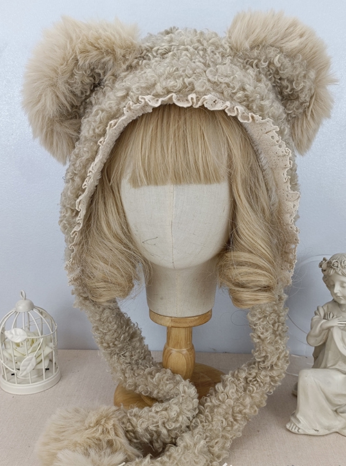 Solid Color Autumn Winter Warm Plush Bear Ears Lace Decoration Cute Ear Protection Sweet Lolita Hat