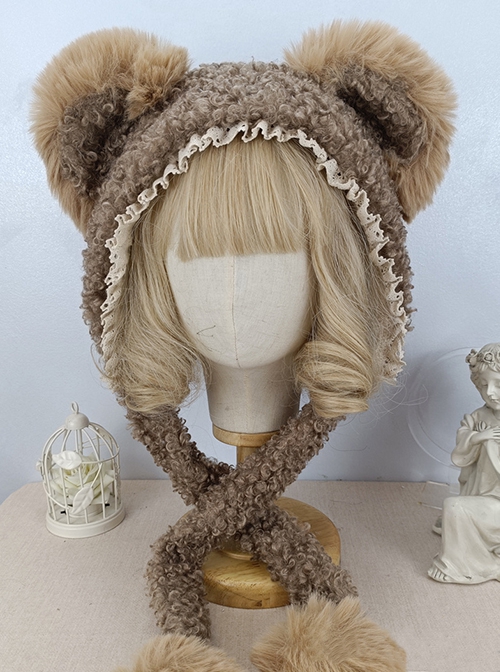 Solid Color Autumn Winter Warm Plush Bear Ears Lace Decoration Cute Ear Protection Sweet Lolita Hat