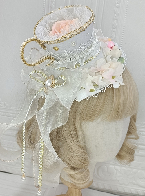 Gorgeous Court Tea Party Bead Chain Lace Bow-Knot Decoration Teacup Rose Classic Lolita Top Hat Hair Clip