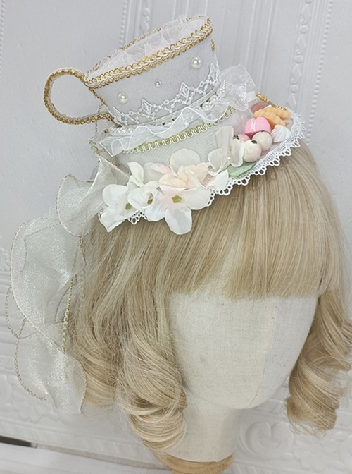 Gorgeous Court Tea Party Bead Chain Lace Bow-Knot Decoration Teacup Rose Classic Lolita Top Hat Hair Clip