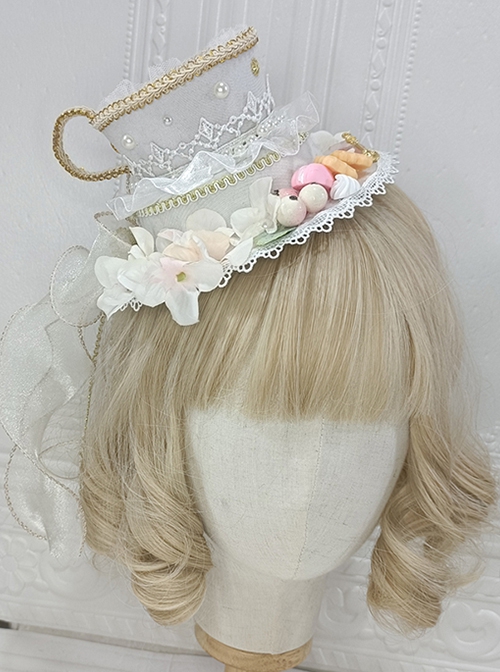 Gorgeous Court Tea Party Bead Chain Lace Bow-Knot Decoration Teacup Rose Classic Lolita Top Hat Hair Clip