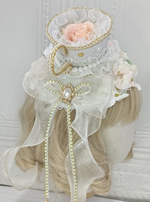 Gorgeous Court Tea Party Bead Chain Lace Bow-Knot Decoration Teacup Rose Classic Lolita Top Hat Hair Clip