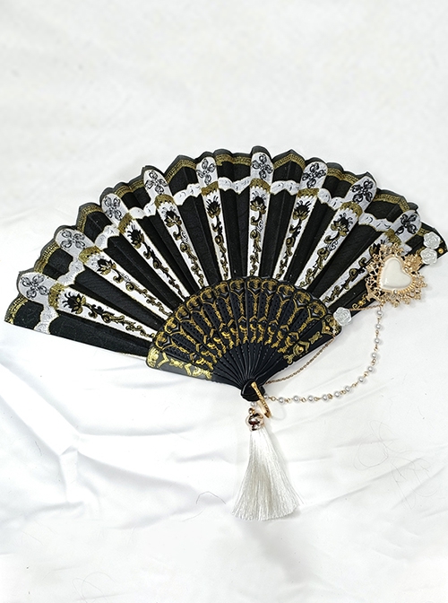 Baroque Style Ornate Classical Court Heart-Shaped Bead Chain Tassel Decoration Retro Pattern Gothic Lolita Fan