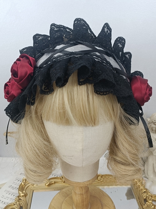 Black Lace Lacing Strap Red Rose Maid COS Gothic Lolita Headband