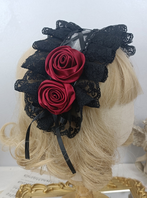 Black Lace Lacing Strap Red Rose Maid COS Gothic Lolita Headband