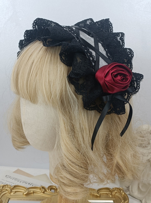 Black Lace Lacing Strap Red Rose Maid COS Gothic Lolita Headband