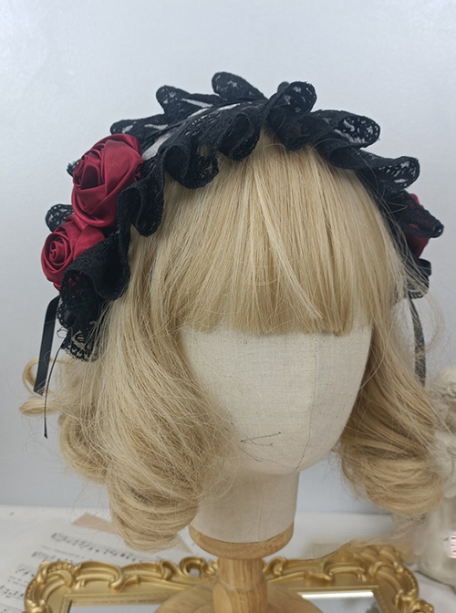 Black Lace Lacing Strap Red Rose Maid COS Gothic Lolita Headband