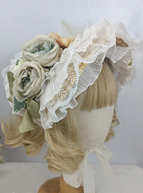 Pastoral Style Retro The Tea Party Lace Camellia Feather Decorate Green Bow Classic Lolita Hat