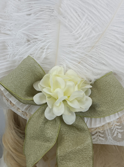 Pastoral Style Retro The Tea Party Lace Camellia Feather Decorate Green Bow Classic Lolita Hat