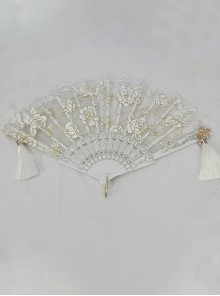 Retro Palace Style Rose Hot Flower Lace Symmetrical Tassel Decoration Folding Fan Gothic Lolita Fan