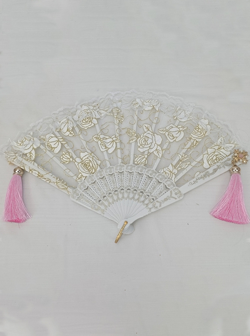 Retro Palace Style Rose Hot Flower Lace Symmetrical Tassel Decoration Folding Fan Gothic Lolita Fan