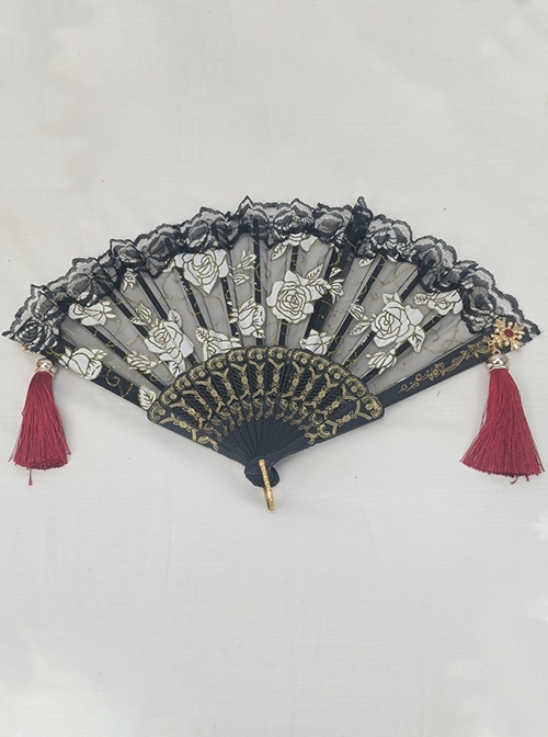 Retro Palace Wind Rose Hot Flower Lace Symmetrical Tassel Decoration Folding Fan Gothic Lolita Fan