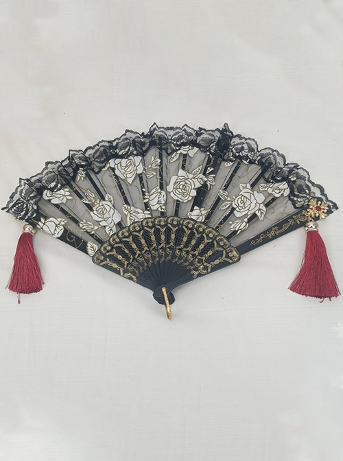 Retro Palace Style Rose Hot Flower Lace Symmetrical Tassel Decoration Folding Fan Gothic Lolita Fan