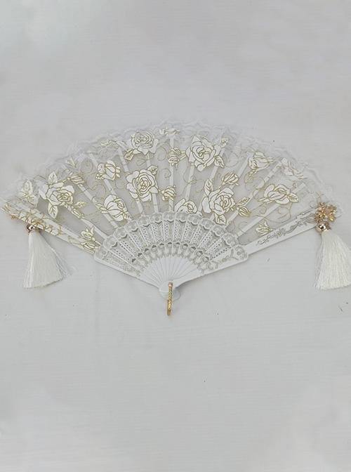 Retro Palace Style Rose Hot Flower Lace Symmetrical Tassel Decoration Folding Fan Gothic Lolita Fan