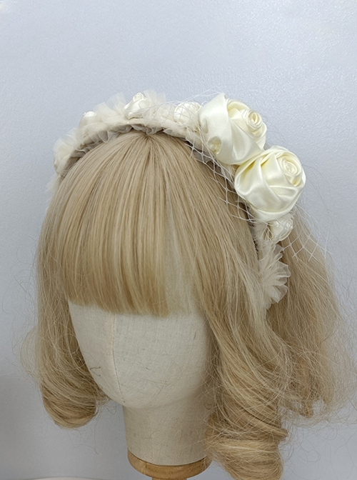 White Rose Elegant Vintage Big Small Rose Decoration Asymmetrical Design Classic Lolita Headband