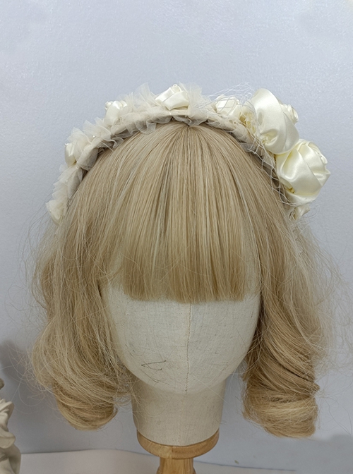 White Rose Elegant Vintage Big Small Rose Decoration Asymmetrical Design Classic Lolita Headband
