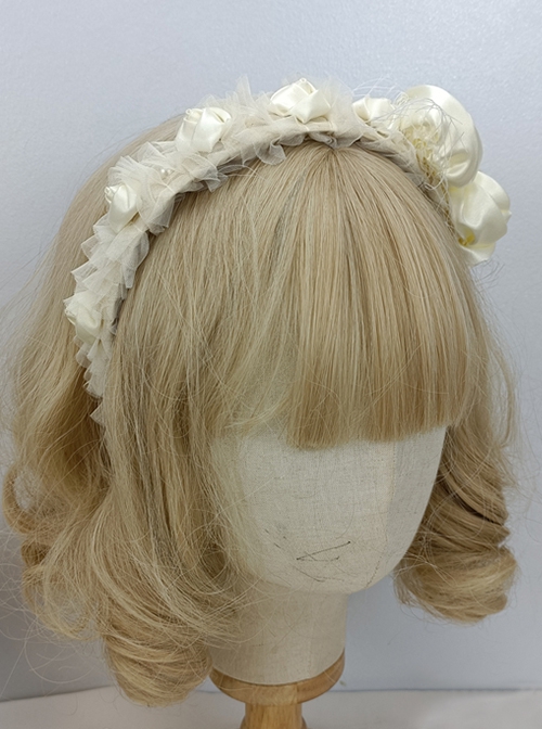 White Rose Elegant Vintage Big Small Rose Decoration Asymmetrical Design Classic Lolita Headband