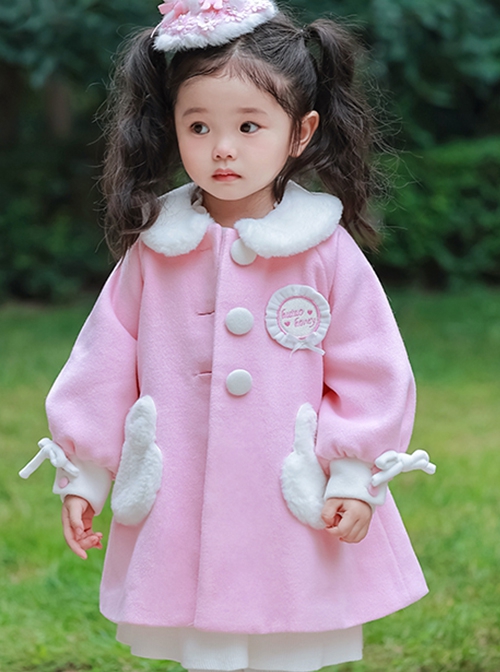 Pink Plush Round Neck Bunny Pocket Cuffs Bow Knot Sweet Lolita Kids Coat