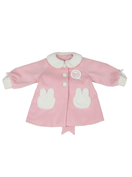 Pink Plush Round Neck Bunny Pocket Cuffs Bow Knot Sweet Lolita Kids Coat