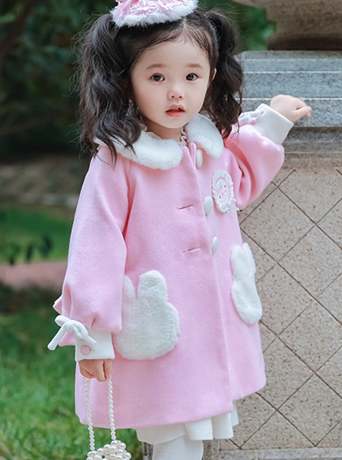 Pink Plush Round Neck Bunny Pocket Cuffs Bow Knot Sweet Lolita Kids Coat