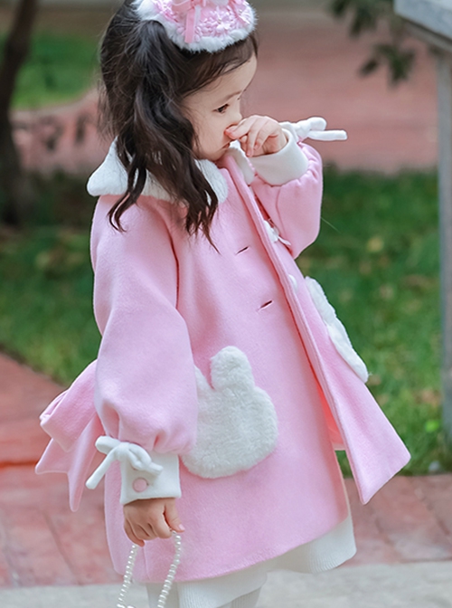 Pink Plush Round Neck Bunny Pocket Cuffs Bow Knot Sweet Lolita Kids Coat