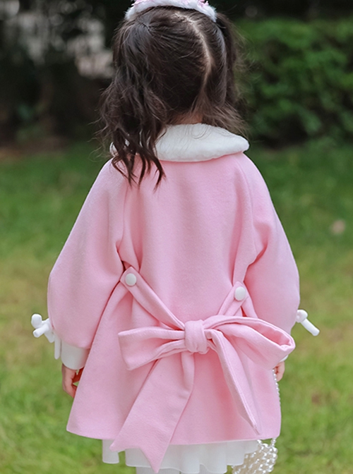 Pink Plush Round Neck Bunny Pocket Cuffs Bow Knot Sweet Lolita Kids Coat