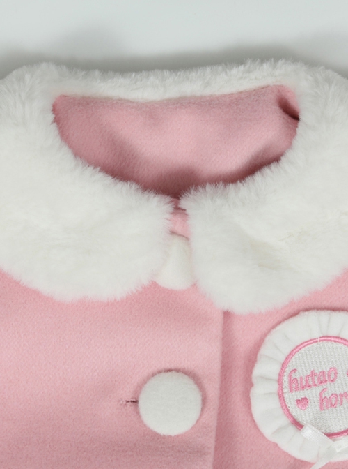 Pink Plush Round Neck Bunny Pocket Cuffs Bow Knot Sweet Lolita Kids Coat