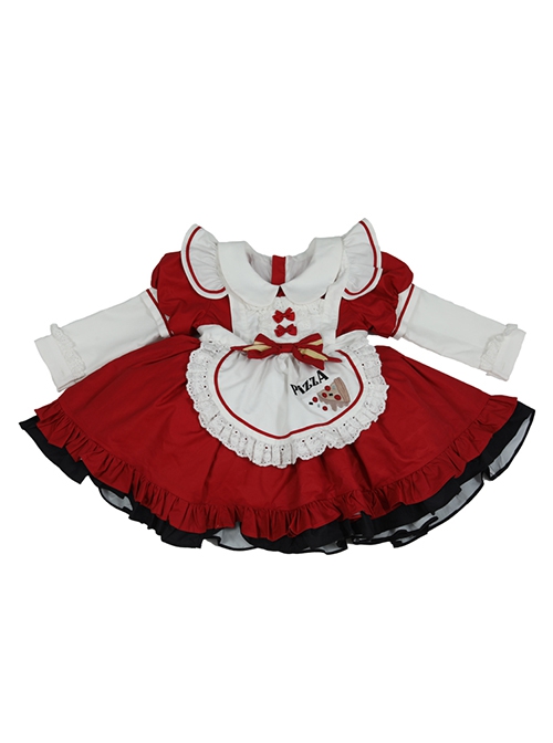 Autumn Round Neck Lace Bow-Knot Decorate Pizza Embroidery Classic Lolita Kids Long Sleeve Dress