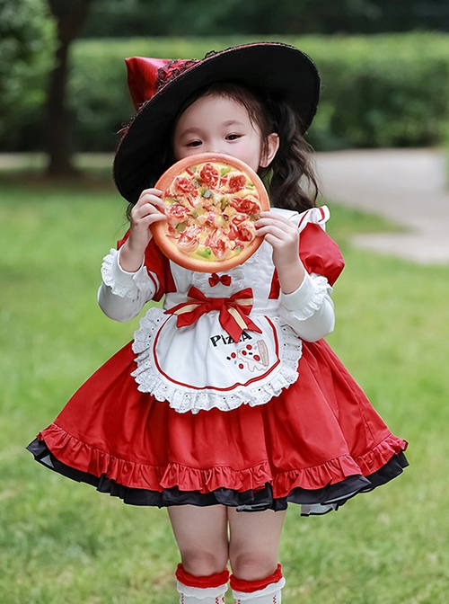 Autumn Round Neck Lace Bow-Knot Decorate Pizza Embroidery Classic Lolita Kids Long Sleeve Dress