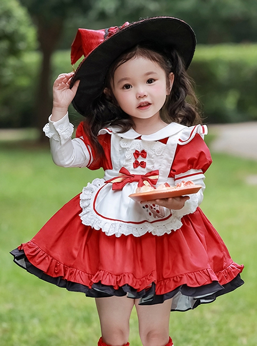 Autumn Round Neck Lace Bow-Knot Decorate Pizza Embroidery Classic Lolita Kids Long Sleeve Dress
